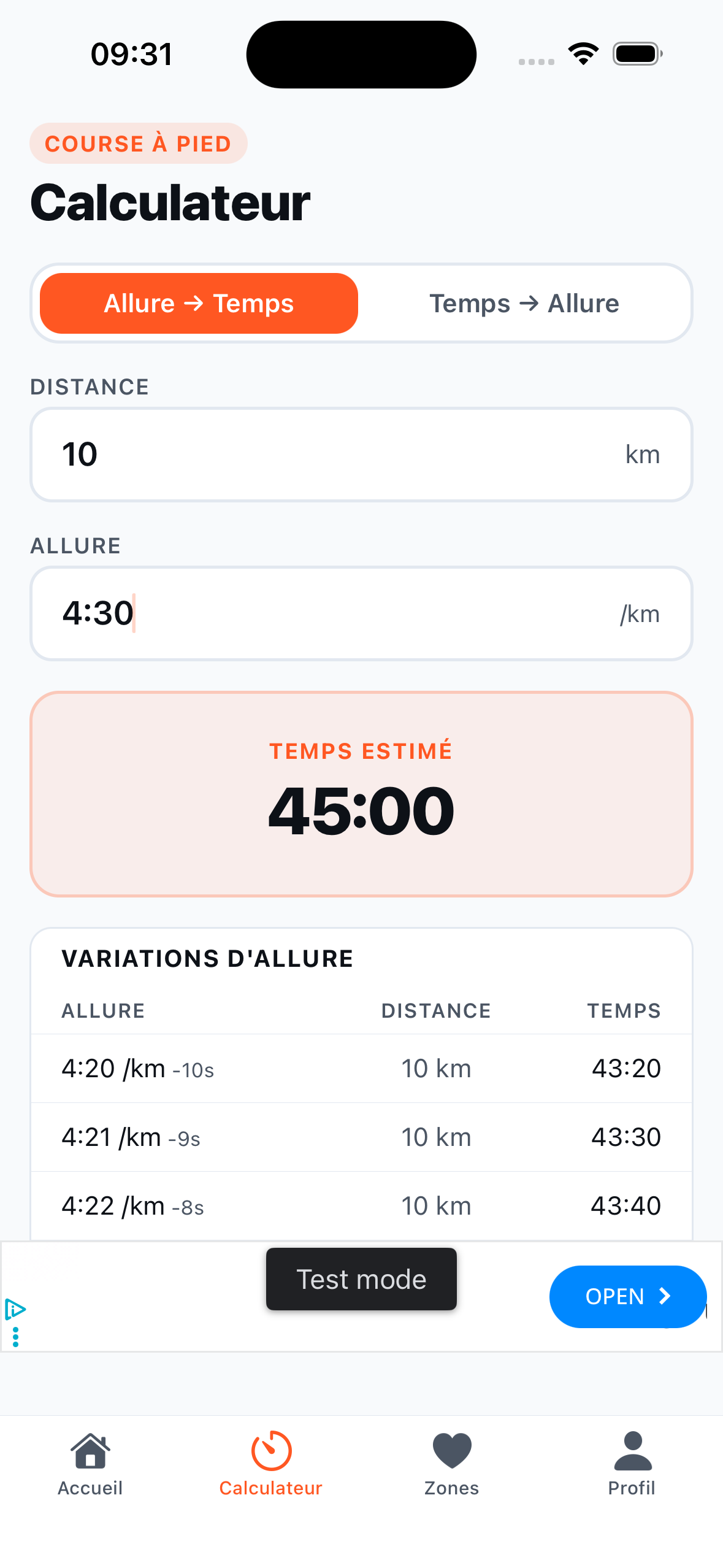 Calculateur AllureCalc — allure vers temps